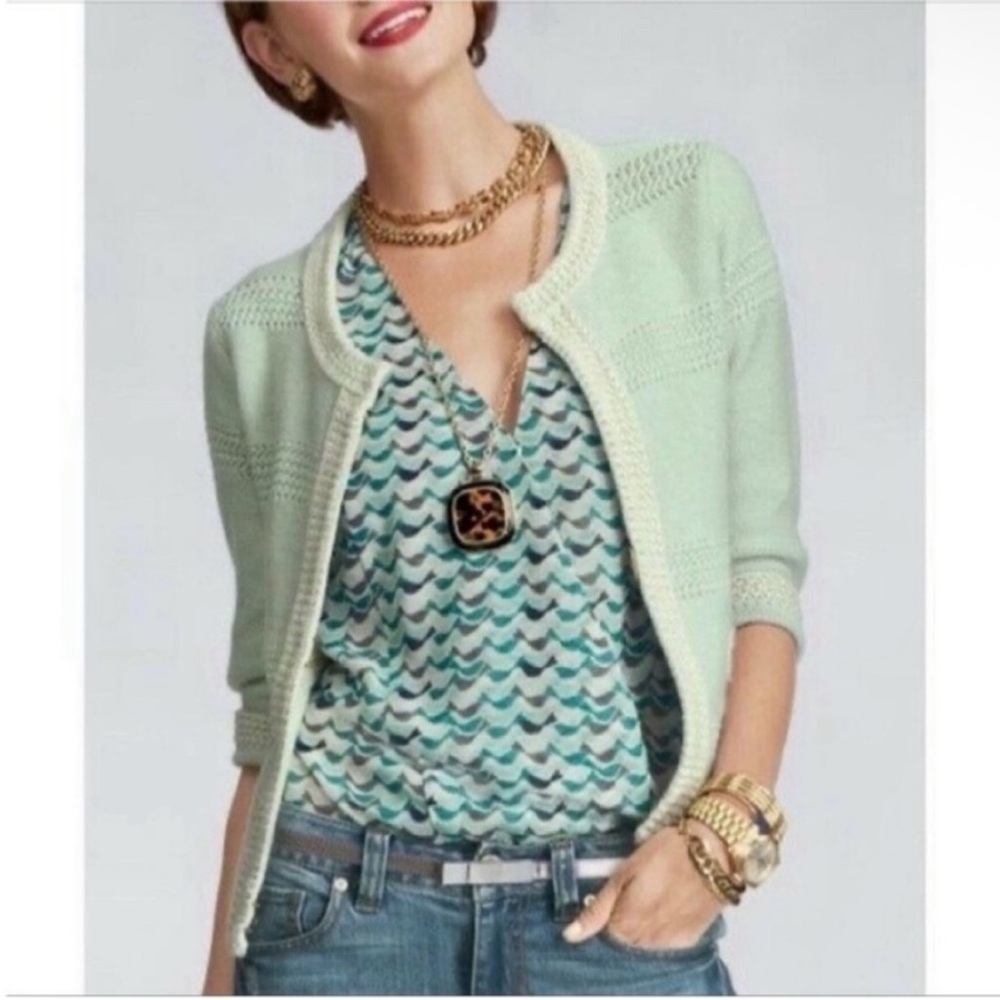 Cabi Voila Society knit sweater green oatmeal